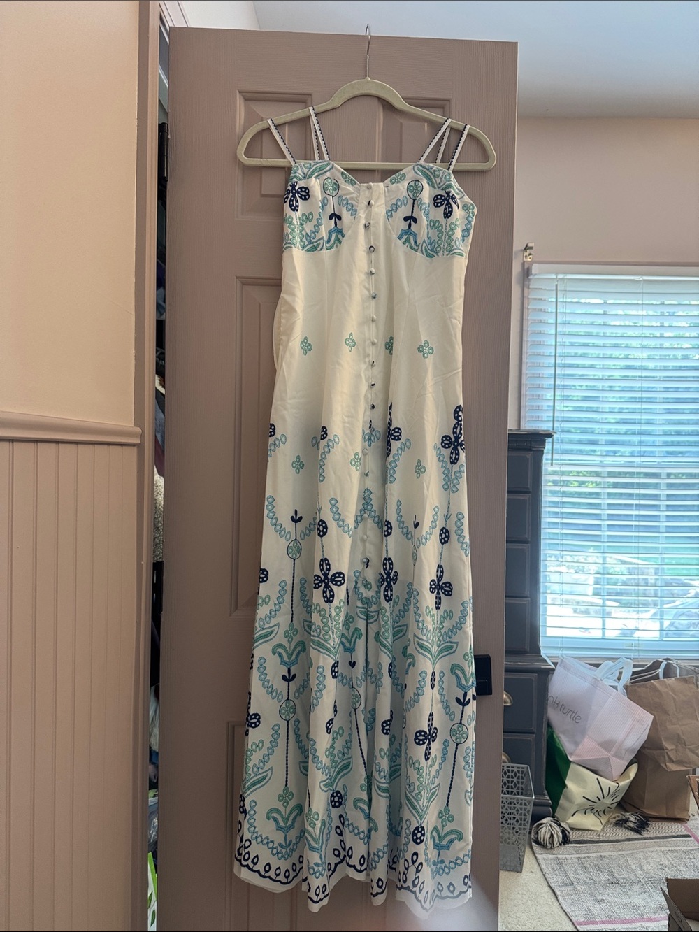 Half Heart NWOT White & Teal Embroidered Maxi Dress with Button Front